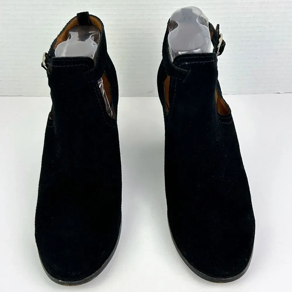 Frye Meghan Ankle Boots Black Suede Booties Cutout Strap w/ Buckle Heeled sz 9